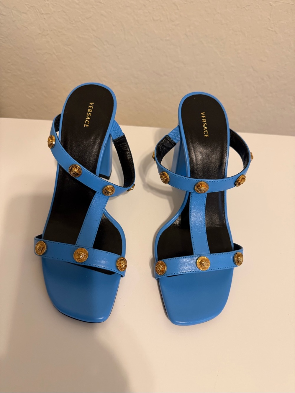 Versace Bright Blue Leather Triple-Strap Medusa Heel Sandals